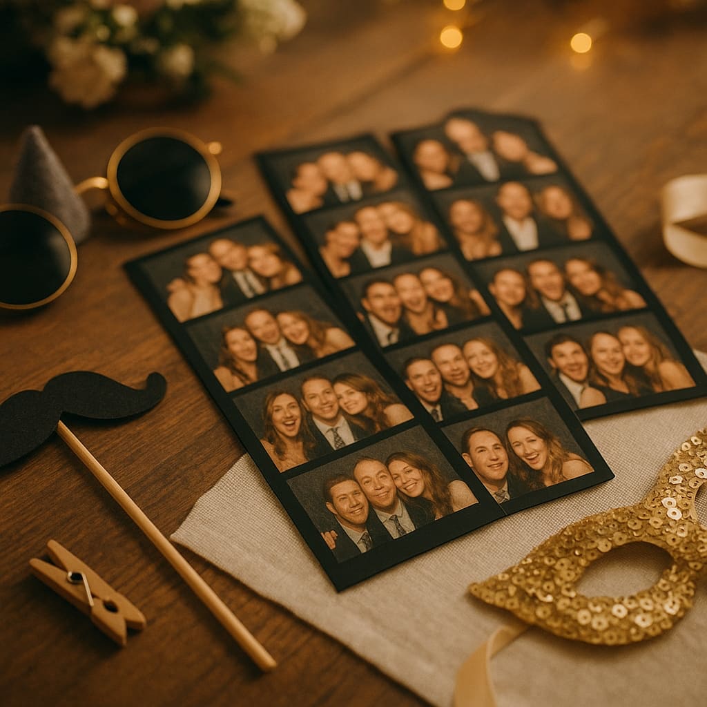 Gedruckte Fotostreifen und Event-Accessoires auf einem Tisch